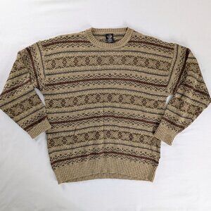 VTG Tan Brown Maroon Fair Isle Knit Dockers Ribbed Hem Grandpa Sweater
